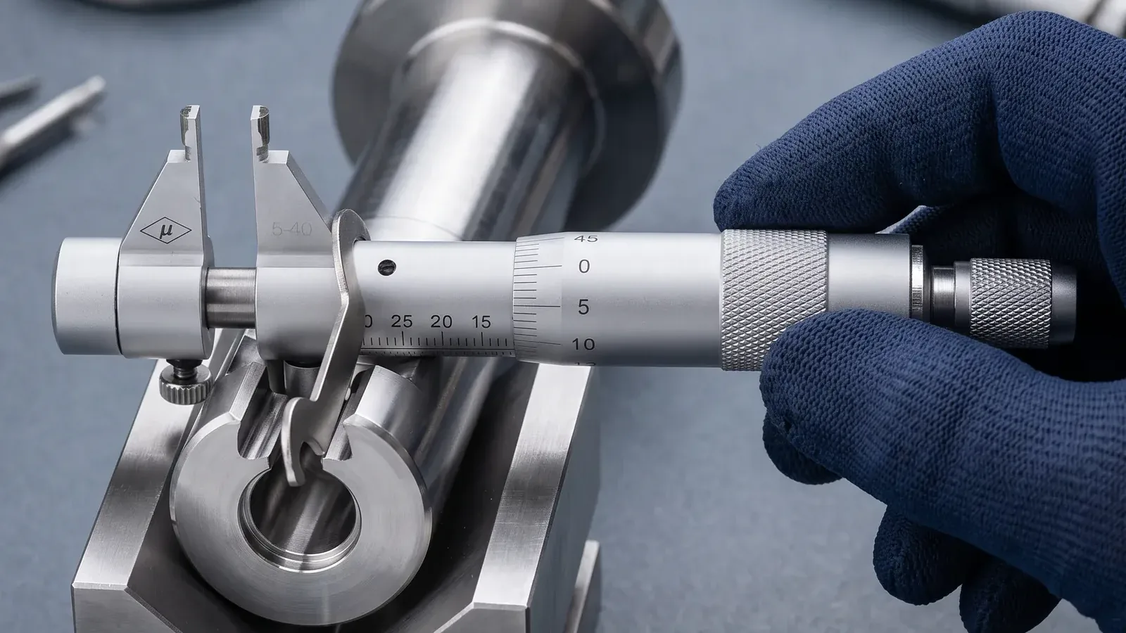 Gloved hands using an internal micrometer on a metal part