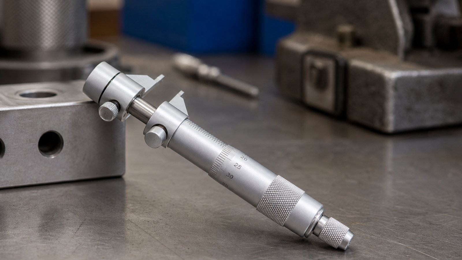 Inside bore micrometer on a tidy UK workshop bench